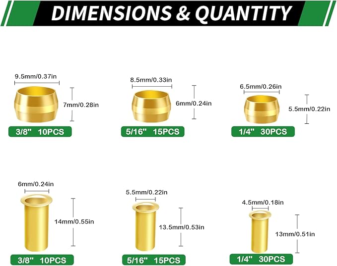 110pcs Brass Compression Sleeves Ferrules Inserts Fittings Assortment Kit, 3/8" 5/16" 1/4" 3 Sizes Air Hose Ferrules Kit of Air Water Fuel Oil Gas Tube Lines