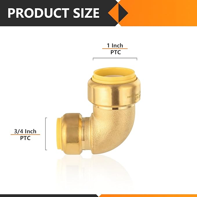 10-Pack HeSun Pushfit 90 Degree Elbow, 1"x3/4" Push to Connect Plumbing Fittings with Disconnect Clips, Brass Push-fit Fittings for PEX, Copper, CPVC, PE-RT Pipes(PF146-10)