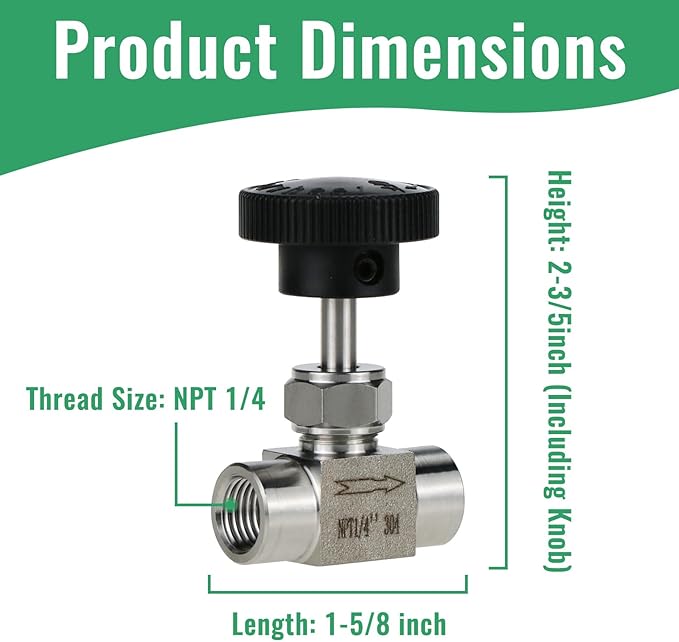Angry Pony Stainless Steel 304 NPT 1/4 female Straight Needle Valve, High Pressure Hydraulic Flow Control Valve for Water Oil Gas Systems, 900 PSI