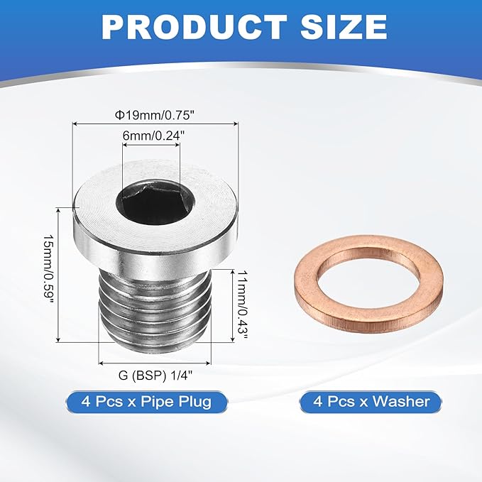 PATIKIL 2 Pcs 1/4" BSP Pipe Plug Fitting, 304 Stainless Steel Internal Hex Head Socket Pipe Cap Adapter Connector with Copper Washer for Sealing Oil Gas Water