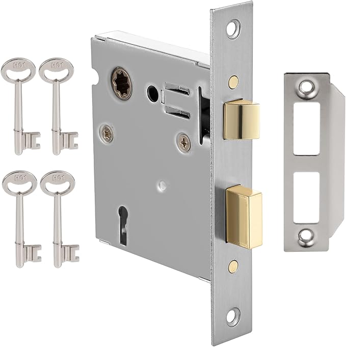 Mortise Lock Set Interior Door, Old Door Lock Replacement Parts, Antique Vintage Door Lock Hardware, Skeleton Keys and Reversible Latch, Mortise Lock Kit, Brushed Nickel Finish