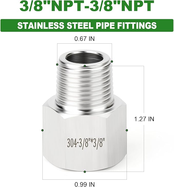 TAISHER 10PCS 304 Stainless Steel Pipe Fitting, Reducer Adapter, 3/8" NPT Male x 3/8" NPT Female