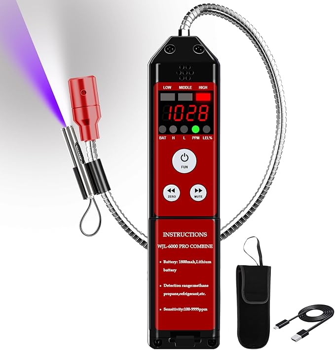 Refrigerant & Combustible Gas Leak Detector, PPM Freon Leak Detector with Loud Alarm, Natural Gas Detector Rechargeable Gas Sniffer for A2L R134A R410A Propane Methane