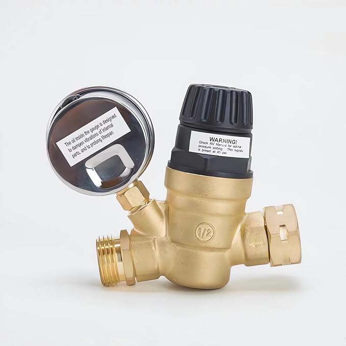 RV water pressure regulator, pressure reducing valve, lead-free brass material, garden irrigation, RV water supply, camper, trailer
