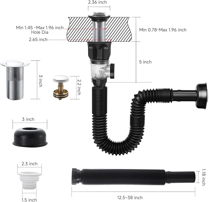 Bathroom Sink Drain Kits with Flexible Expandable P-Trap Sink Drain Pipe, Fits 1-1/4",1-1/2"and 2" Holes,Chrome