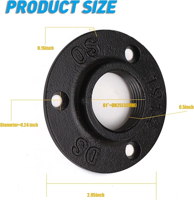 3/4" Antirust Black Floor Flange, 4 Pack Malleable iron Pipe Fittings for Industrial vintage style, Flanges with Threaded Hole for DIY Project/Furniture/Shelving Decoration (4, 3/4")