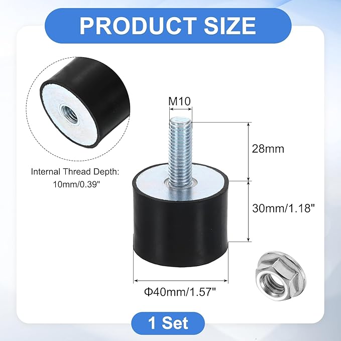 uxcell M10 Rubber Mounts, 1Pcs 40x30mm(DxH) Rubber Cylindrical Anti Vibration Isolator Shock Absorber with Lock Nut for Car Bobbin Generator Air Compressors