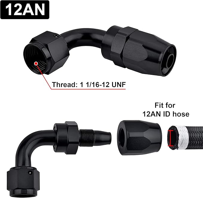 EVIL ENERGY 12AN Hose End Fitting 90 Degree Swivel for CPE Braided Hose Black 2PCS