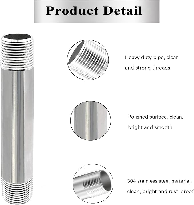 GeilSpace 3/4" x 36" Stainless Steel Pipe, 304 Pipe Nipple Fits Standard 3/4 Inch Threaded Pipes and Fittings, DIY Industrial Metal tube (2 PCS)