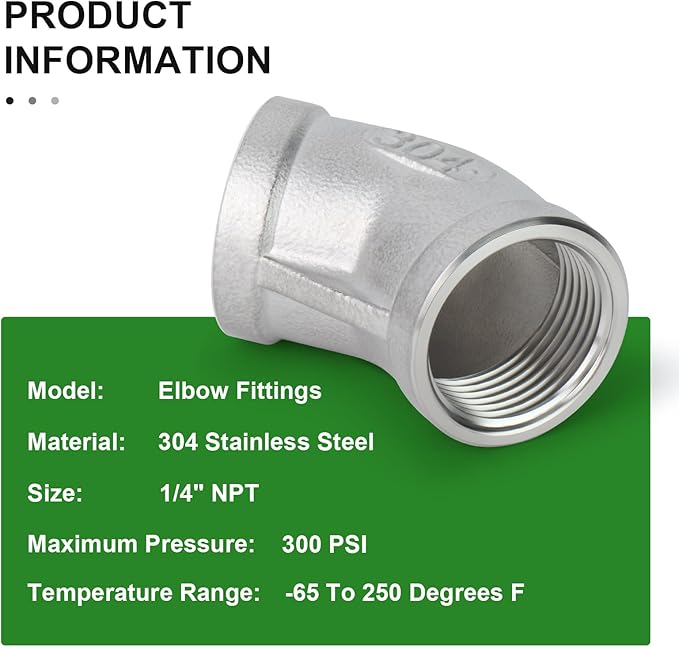 TAISHER 2PCS 304 Stainless Steel 45 Degree elbow,1/4 Inch NPT Female Pipe to 1/4 Inch NPT Female 304 Stainless Pipe Fitting