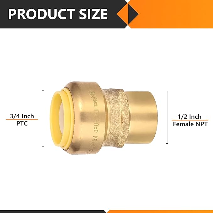 10-Pack HeSun Pushfit Female Adapter, 1/2" FNPT x 3/4" Push to Connect Plumbing Fittings with Disconnect Clip, Brass Push-fit Fittings for PEX, Copper, CPVC, PE-RT Pipes(PF133-10)