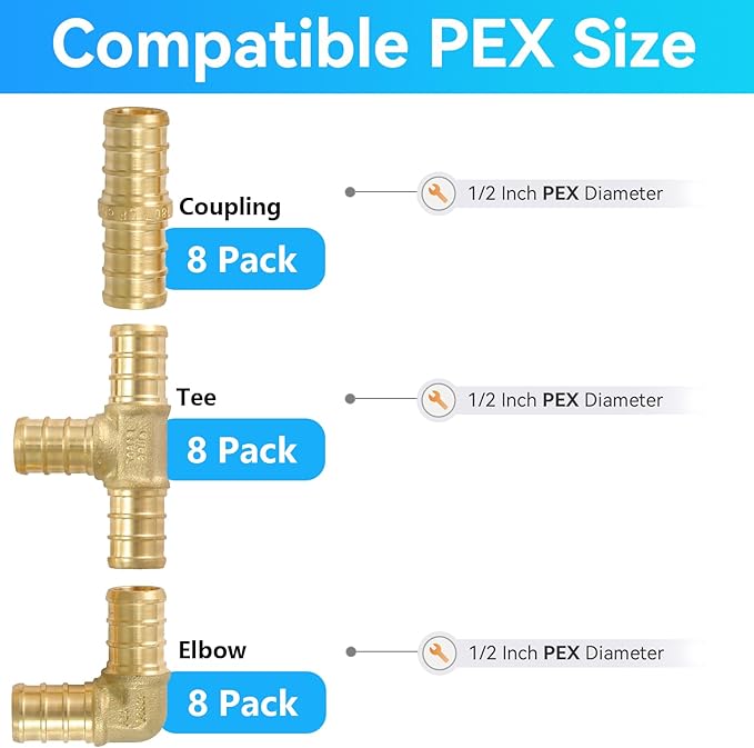 PEX Fittings (24 PC), 90 Degree Elbow (8) + Tee (8) + Straight Coupling (8), Brass Crimp Fitting Combo for PEX Pipe Tubing Connection, ASTM F1807