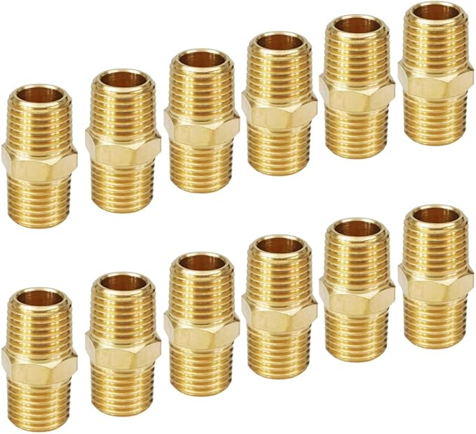 HQMPC Solid Brass Pipe Fitting Male Pipe, Hex Nipple Gas Connect Adapter Brass Union Coupler Adapter 3/8"NPT 12Pcs