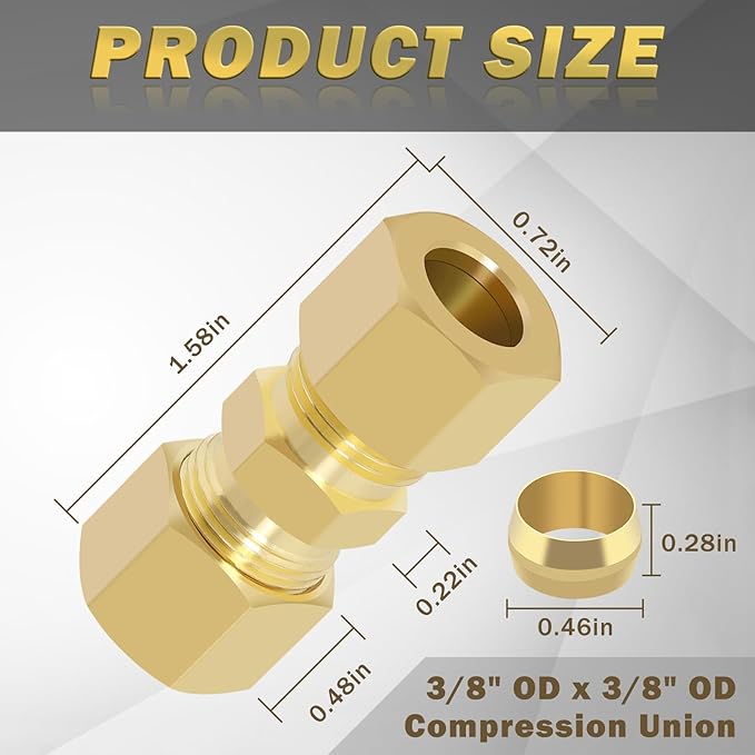 Brass Compression Tube Fitting, 10 PCS 3/8" OD Compression Union Connectors & 10 PCS Compression Sleeves Ferrules