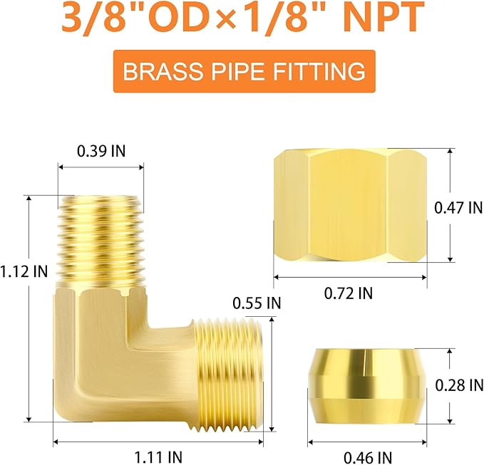 GASHER 5PCS Brass 90 Degree Elbow Compression Tube Pipe Fitting Connector, 3/8" Tube OD x 1/8" NPT Male Connector