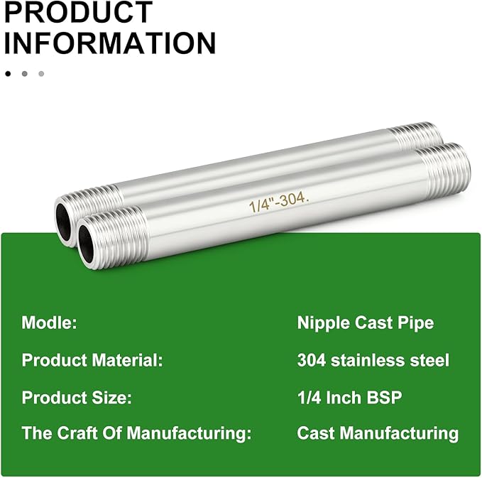 TAISHER 2PCS Stainless Steel Pipe Fittings, 1/4" BSP Male x 1/4" BSP Male Threaded, 6" Length Nipple Cast Pipe