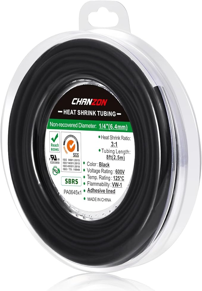 Chanzon 3:1 Ratio 1/4" (6.4mm) Heat Shrink Tubing - Marine Grade Waterproof Adhesive Lined - 8Ft Roll (2.5M Total Length) Black Polyolefin Sleeving Wrap Shrinking 3 to 1 Ratio 1pcs