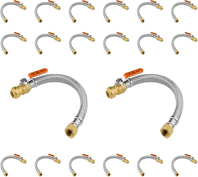 (20 Pack) Seelink 18-Inch Stainless Steel Flexible Heater Hose, 3/4 Inch Push-fit Ball Valve x 3/4 Inch FIP, Push-to-Connect for Copper, PEX, and CPVC