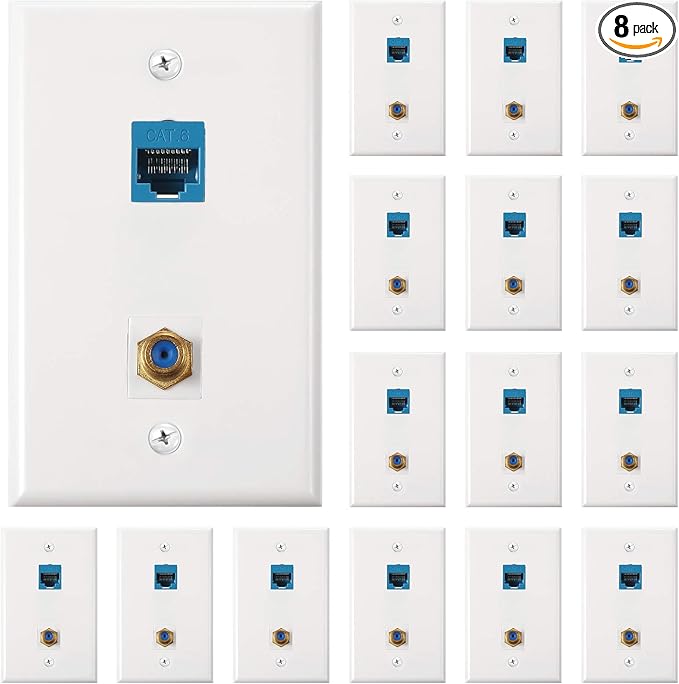 Weewooday 8 Pieces Cat 6 Ethernet Wall Plates, Cat 6 Coax Wall Plate with Ethernet Port and Gold-Plated TV Coax F-Type Port (Blue)