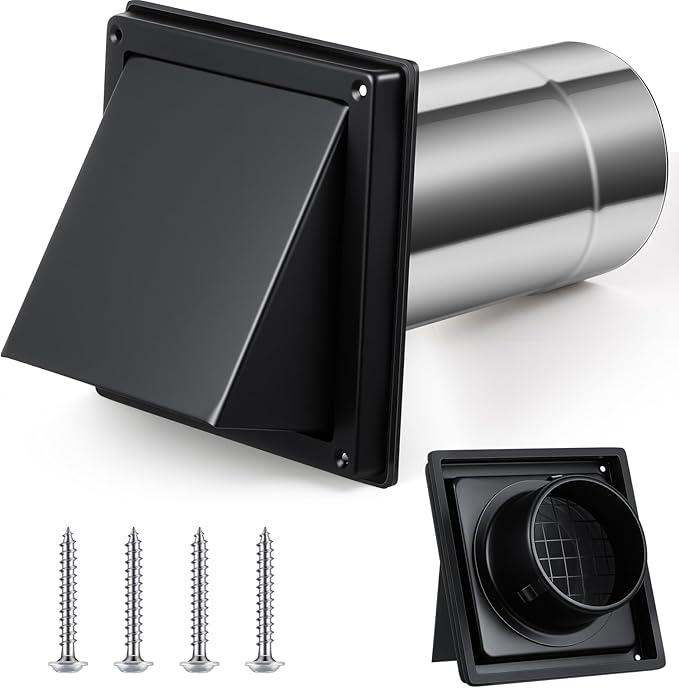 Gisafai 4" Outside Dryer Vent Cover for Exterior Walls Exhaust Vent Cap with Removable Extension Pipe Stainless Steel Hood Cushioned Non Return Flap with Sealing Gasket Grille Screen