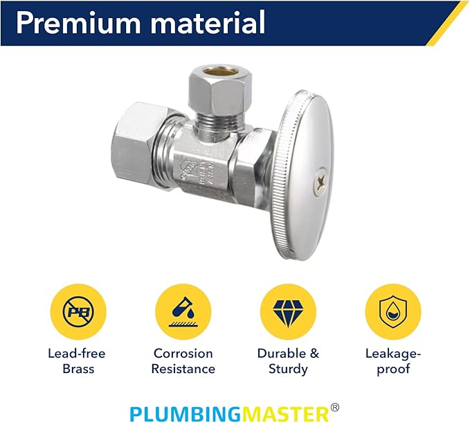10 Pack slow turn Brass Angle Valve, Anti-Corrosion, Lead-Free, 5 Year Warranty, Easy Installation Angle Stop Valve for Plumbing, 1/2” Nominal x 3/8” Compression