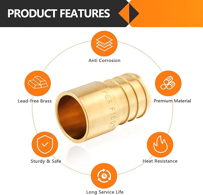50-Pack HeSun PEX Fittings, 3/4" PEX x 1/2" Female Sweat Adapter (Over Copper Tube), Brass Crimp Fitting for ASTM F1807(PEX1807133-50)