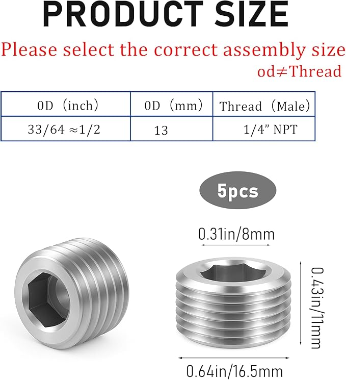 5 PCS 3/8" NPT Male Pipe Plug Stainless Steel Pipe Plug Fitting Set Hex Counter Sunk Pipes Plugs for Closing the End of Pipes, Internal Hex Socket Thread Socket Plugs Kit