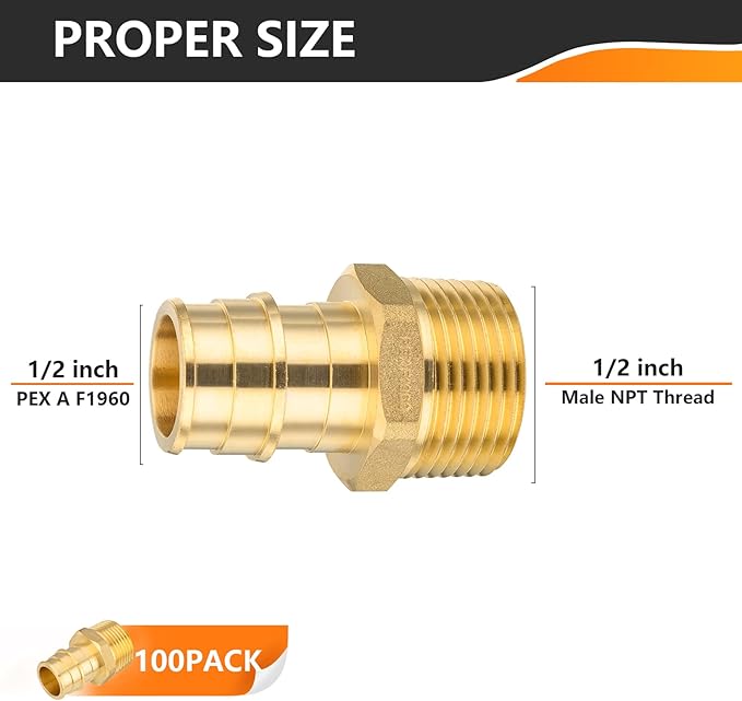 100-Pack HeSun PEX A Expansion Fitting, 1/2 Inch Male Thread Adapter,1/2" Male NPT x 1/2" Pex Expansion Adapter,ASTM F1960(PEX1960016-100)