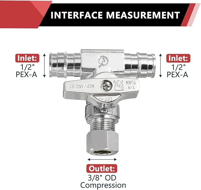5-Pack EFIELD Pex A Expansion Stop Tee Valve 1/2" PEX-A x 1/2" PEX-A x 3/8 Inch OD Compression,Chrome Plated,(VALVE132-5PCS)