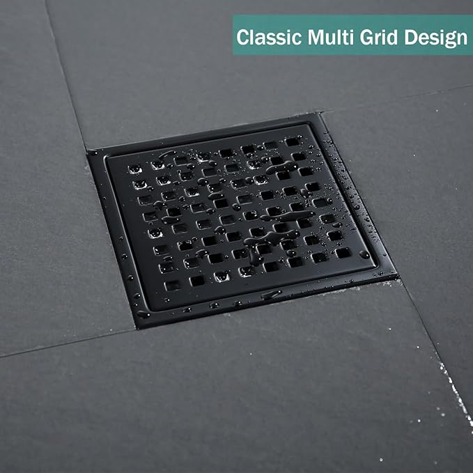 Square Shower Drain 6", SUS 304 Stainless Steel Floor Drain with Grid Drain Cover & Hair Strainer, Matte Black