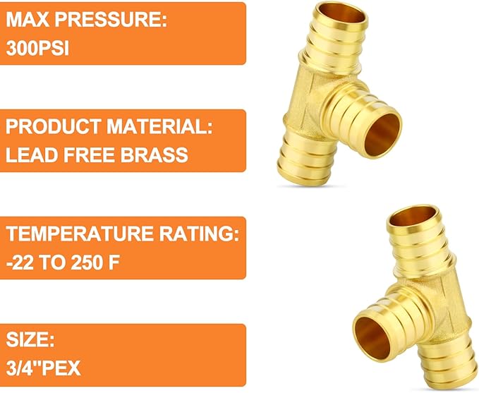 GASHER 5Pcs No Lead Brass 3/4" Pex Tee Fittings, 3/4 Inch Pex Fittings for Pex Tubing