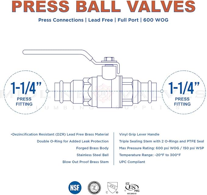 Everflow Supplies 310R114-NL 1-1/4" No Lead Full Port Ball Valve With Press Fittings