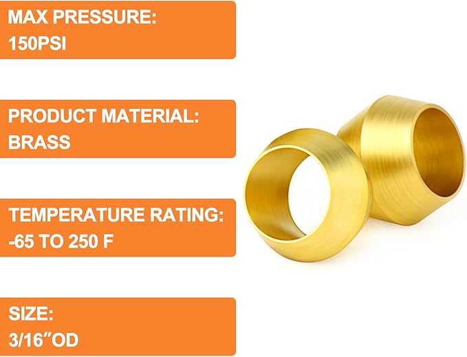 GASHER 100PCS Brass Compression Fitting, Brass Compression Sleeve Ferrules 3/16" Tube OD