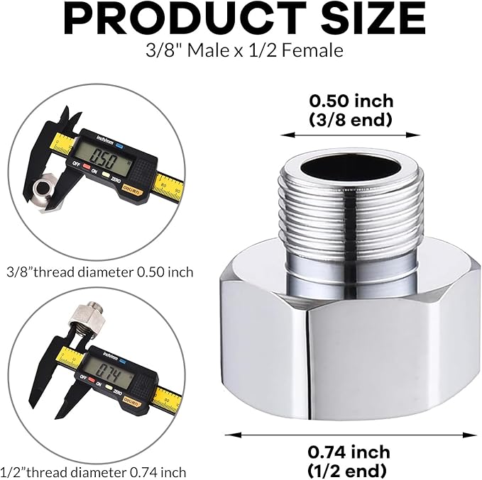 1/2 to 3/8 Water Line Adapter, G1/2" Female to 3/8" Male Compression Pipe Fitting, Brass Water Hose Adapter for RV Kitchen & Bathroom Plumbing, Includes Rubber Washer - 2 Pack