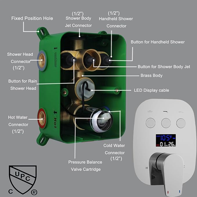 Chrome Shower Mixer Valve Pressure Balance Trim Kit LCD Digital Display Shower Faucet Valve Bathroom Shower Handle Diverter Trim 3 Function Push Botton Diverter Valve