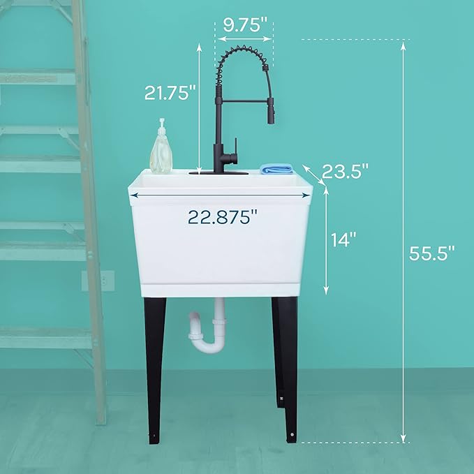 Utility Sink Extra-Deep Laundry Tub in White with High-Arc Coil Pull-Down Sprayer Faucet in Matte Black, Integrated Supply Lines, P-Trap Kit, Heavy Duty Floor Mounted Freestanding Wash Station