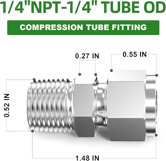 TAISHER 2PCS 304 Stainless Steel Compression Tube Pipe Fitting Connector, 1/4" Tube OD x 1/4" NPT Male Straight Adapter