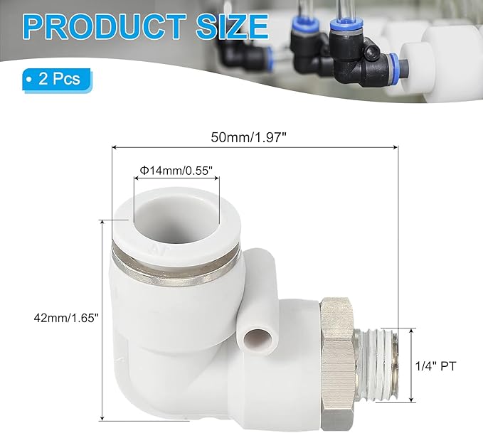 PATIKIL Push to Connect Fitting, 2 Pack Pneumatic Air Elbow Quick Connector 1/4"PT Male Thread x 14mm Tube 90 Degree Connect Tubing Elbow Air Tube Fitting Pneumatic Quick Adapter, White
