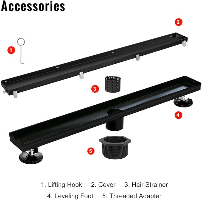SaniteModar Linear Shower Drain,Black Shower Drain 60 inch with Flat and Tile Insert 2 in 1 Panel, with Hair Strainer and Leveling Feet