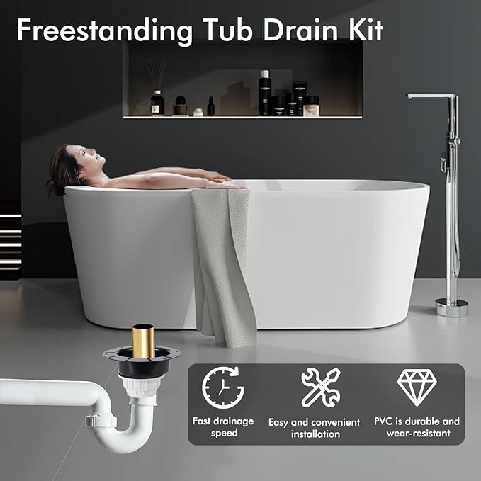 Freestanding Tub Drain Kit, Bathtub Drain Rough-in Kit with PVC Adapter and Brass Tail Pipes, Compatible with Freestanding Bathtub Drain, Floor Mounted Bathtub and Copper Bathtub, Black