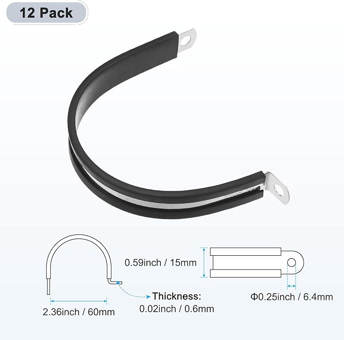 12-Pack Cable Clamps, 2-3/8 Inch/ 60 mm 304 Stainless Steel Rubber Cushioned Insulated Cable Clamp R Shape Metal Holder for Tube/Wire/Pipe/Loop Installation