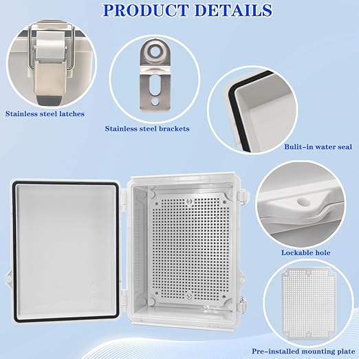 Outdoor Waterproof Electrical Box Junction Box Weatherproof IP67 ABS Plastic Enclosure Switch Router Project Box Electronics Enclosure with Mounting Plate Wall Bracket Grey 8.7"x6.7"x4.3"