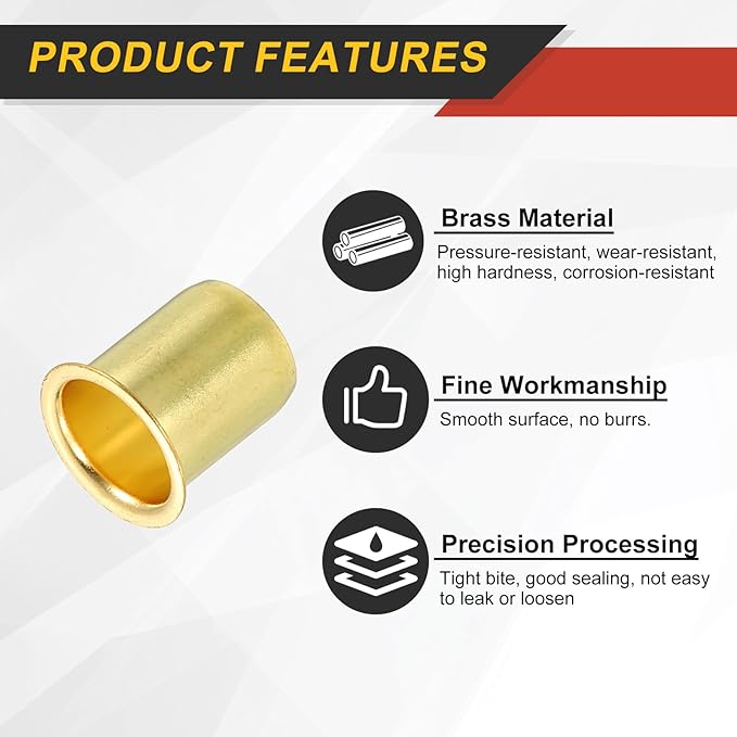 uxcell 5Pcs Fit for 12mm(1/2") Tube ID Brass Compression Fitting, Insert Tube Support Compression Sleeve Fitting, Sleeve Ferrules for Water Oil Air Pipe