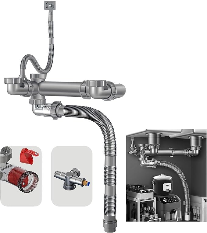 Double Sink Drain Kit Space Saving Kitchen Sink Drain Kit Expandable Flexible 1 1/2" P-Trap Pipe Comes with 4-Way Fitting Adapter For Water Filter and Dishwasher