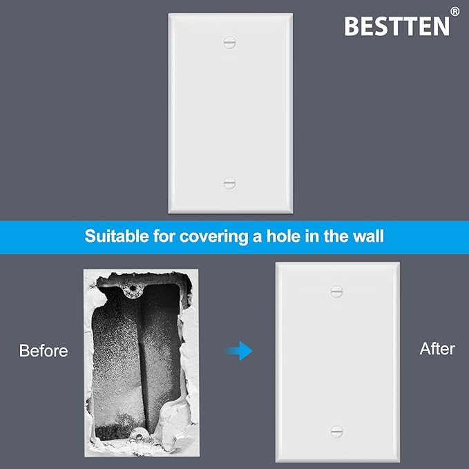 BESTTEN 50 Pack 1-Gang Blank Wall Plate, UL Listed, No Device Outlet Cover, H4.53” x W2.76”, Unbreakable Polycarbonate Thermoplastic Wallplate, White
