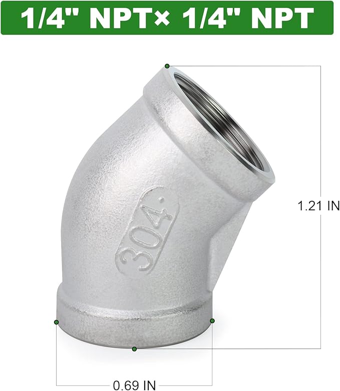 TAISHER 2PCS 304 Stainless Steel 45 Degree elbow,1/4 Inch NPT Female Pipe to 1/4 Inch NPT Female 304 Stainless Pipe Fitting