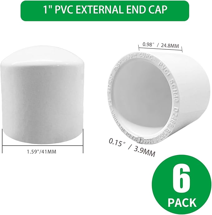 LESSO 1 inch PVC Pipe End Cap | 6 Pack Schedule 40 Industrial Pipe Fittings 1" PVC Pipe External Plug Adapter for Build Furniture DIY Garden Shelf, White