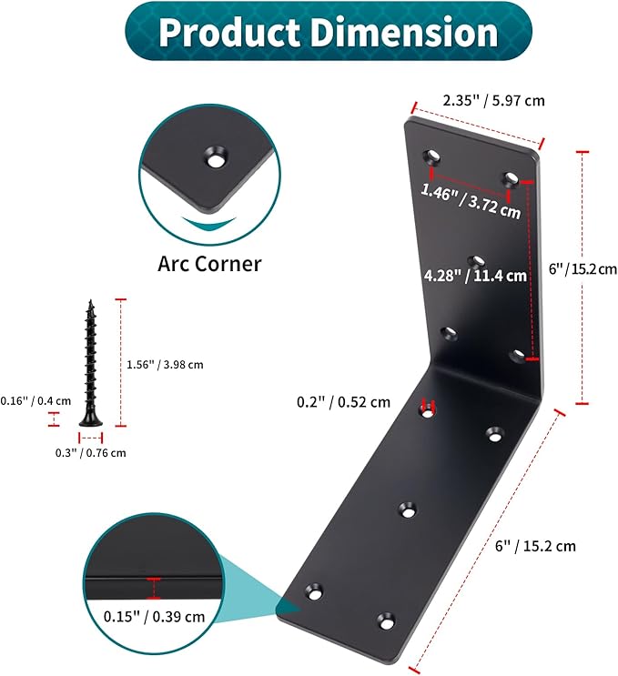 6" x 6" x 2-3/8" Heavy Duty Steel L Angle Corner Bracket, 90 Degree Support Bracket for Wood Beams Pergolas Shelves Furniture, Thickness 0.15", Max Load 250 lbs, 4 Pack