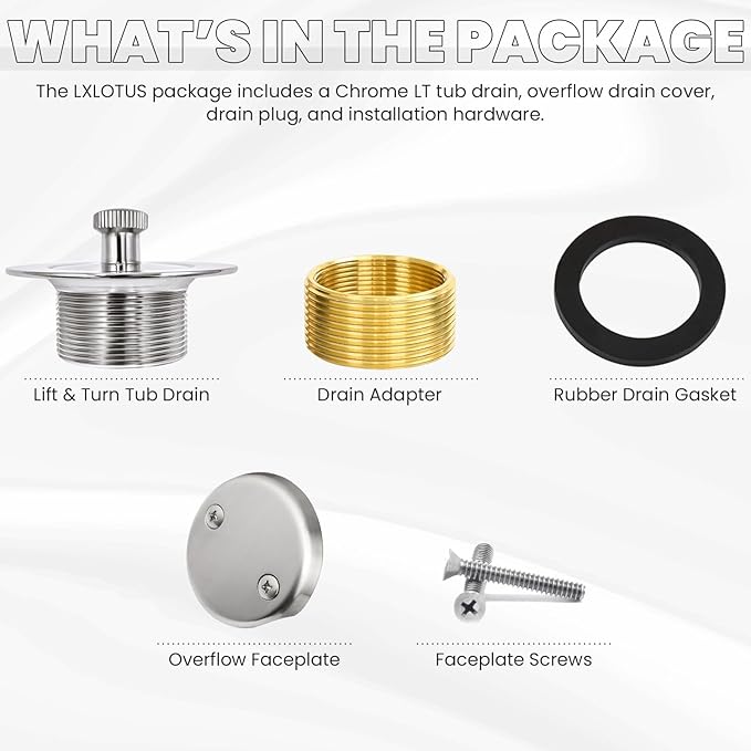 Chrome Bathtub Drain Kit, Lift and Turn - Polished Chrome Tub Drain and Overflow Drain Cover, Plug and Kit for Universal Fit 1-3/8" and 1-1/2" Drains