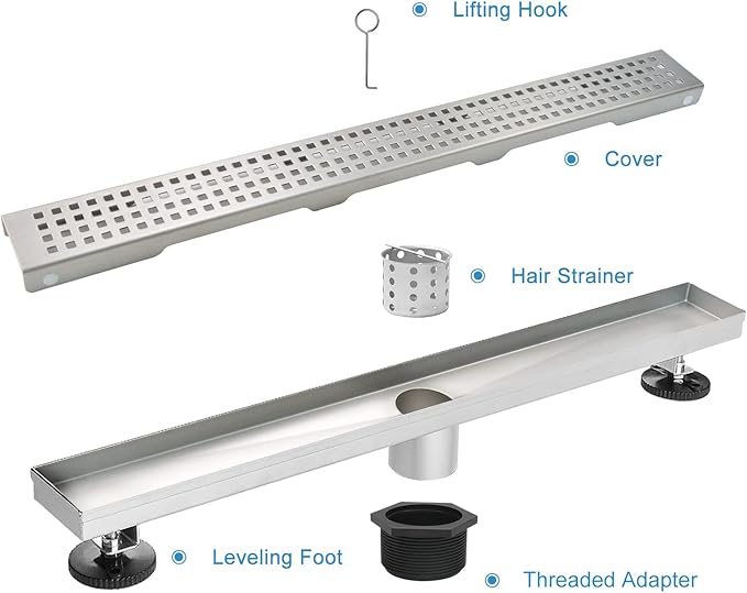 Linear Shower Drain, Shower Drain 32 inch with Removable Grate Cover, Professional AISI 304 Stainless Steel Shower Floor Drain, Linear Drain with Hair Catcher and Leveling Feet
